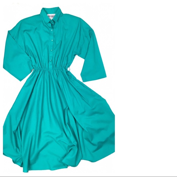 Vtg American Shirt Dress Teal Green Full Skirt - Picture 2 of 7
